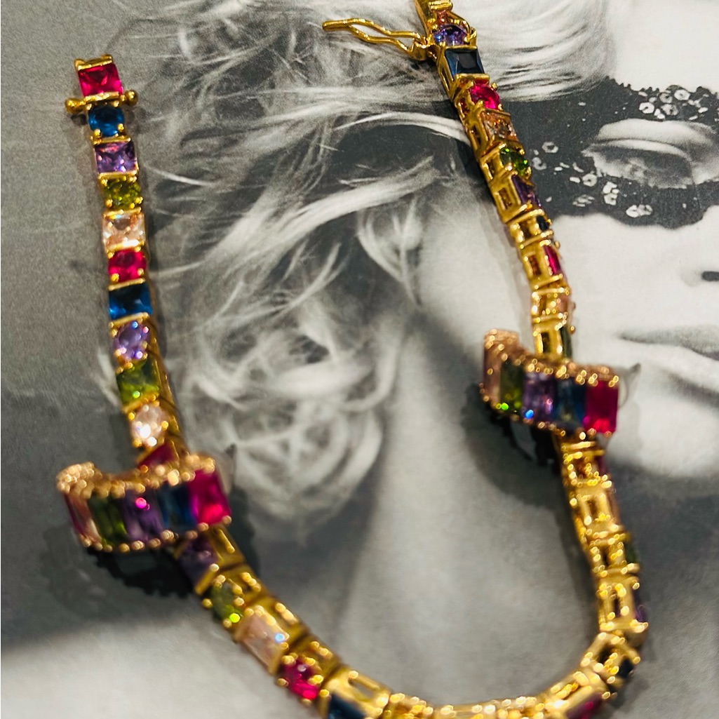 Womens Genuine Multi Color Gemstones 18k Gold Tennis Bracelet Set